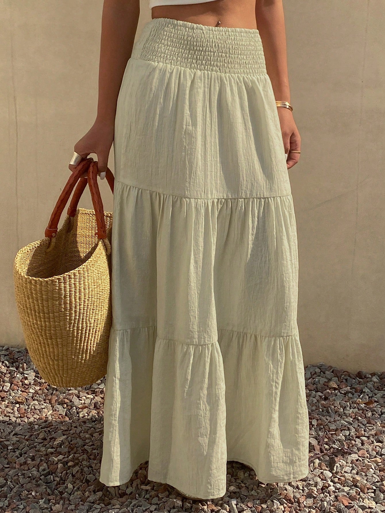 DAZY Women's Lightweight Summer Vacation Solid Color Textured Ruffle Hem Skirt