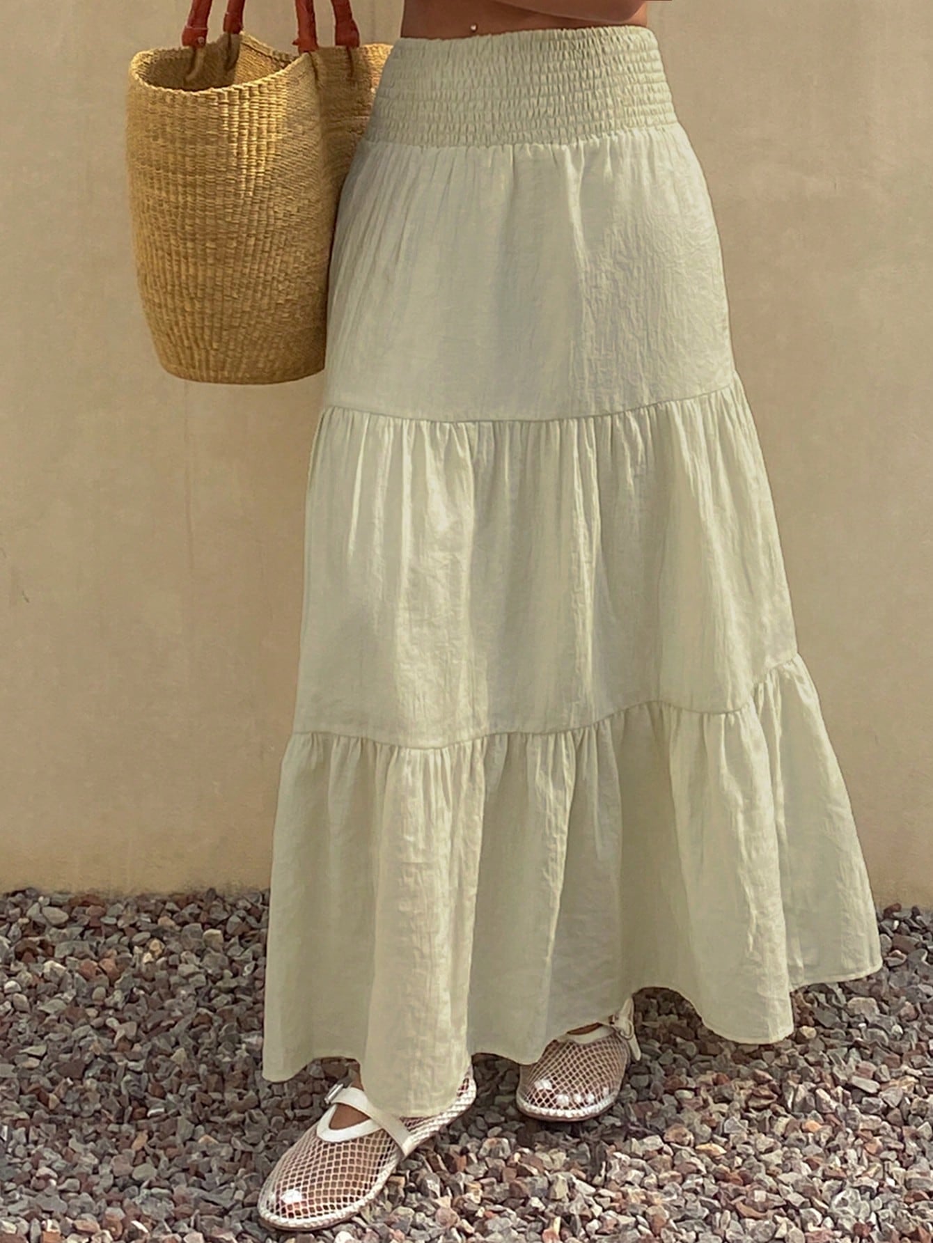 DAZY Women's Lightweight Summer Vacation Solid Color Textured Ruffle Hem Skirt