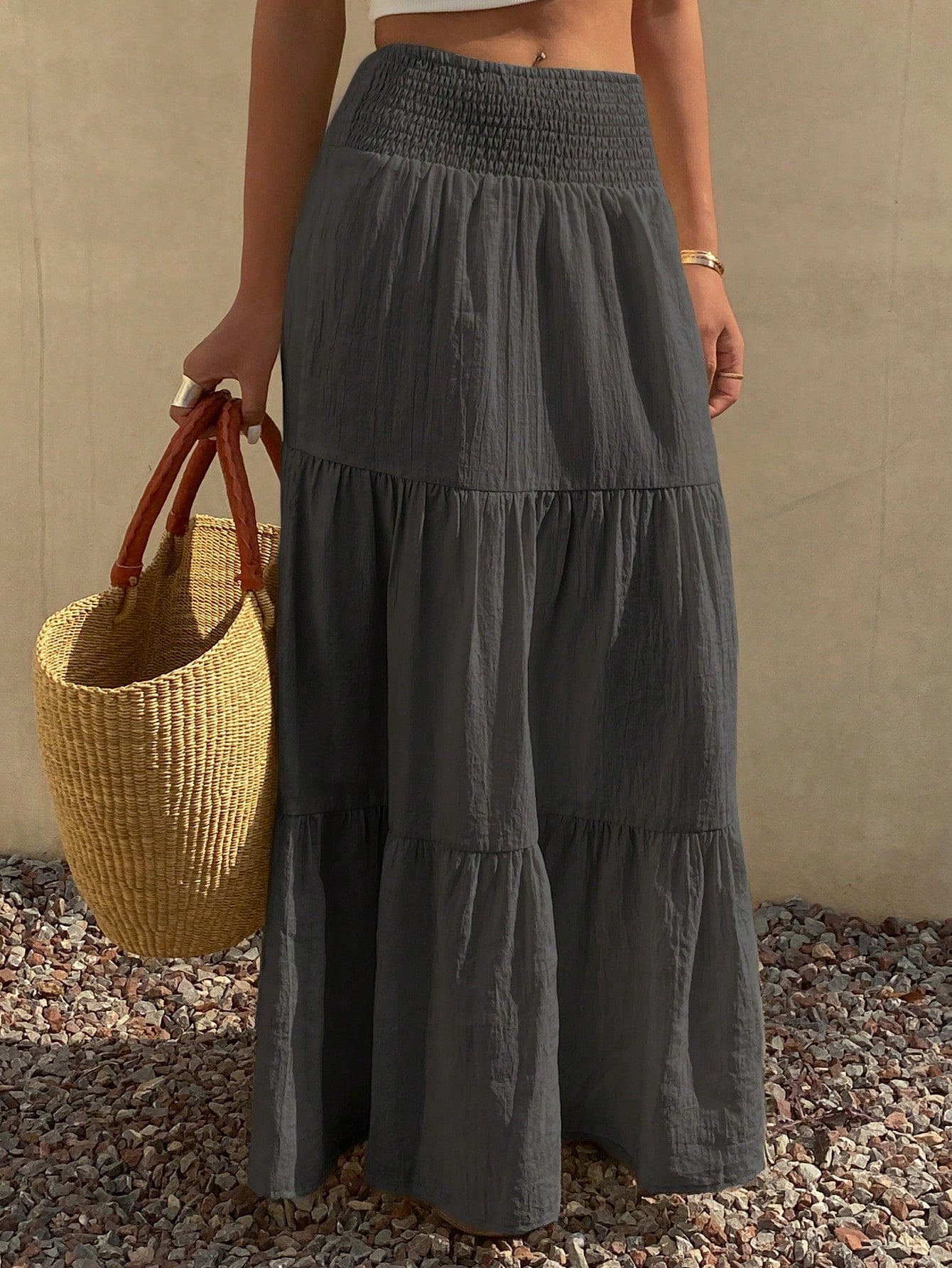 DAZY Women's Lightweight Summer Vacation Solid Color Textured Ruffle Hem Skirt