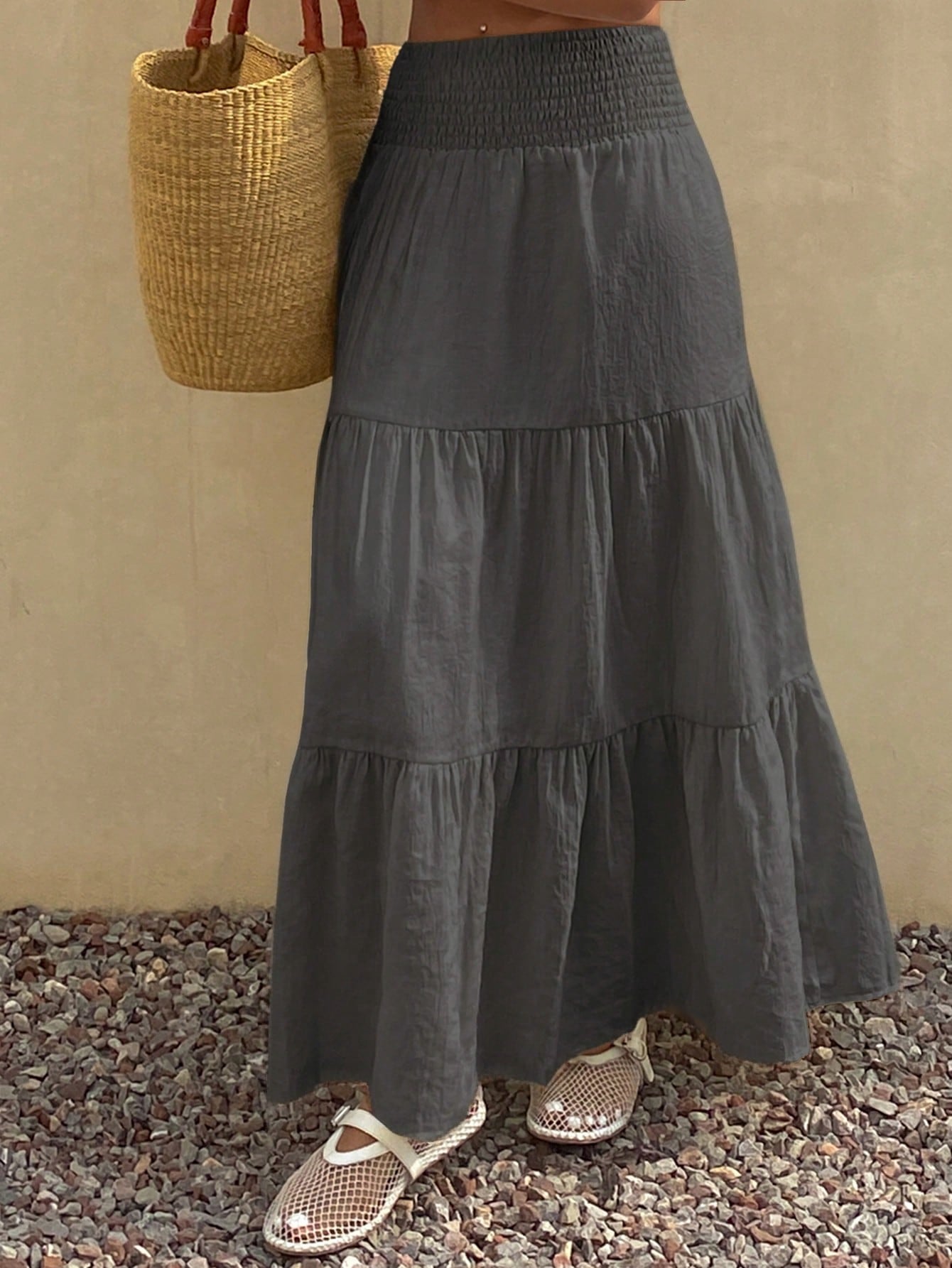 DAZY Women's Lightweight Summer Vacation Solid Color Textured Ruffle Hem Skirt