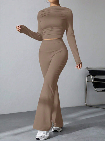 Long Sleeve Solid Color T-Shirt And Flared Pants 2pcs Set shein