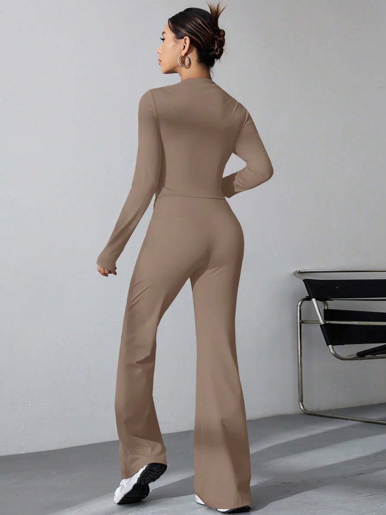 Long Sleeve Solid Color T-Shirt And Flared Pants 2pcs Set shein