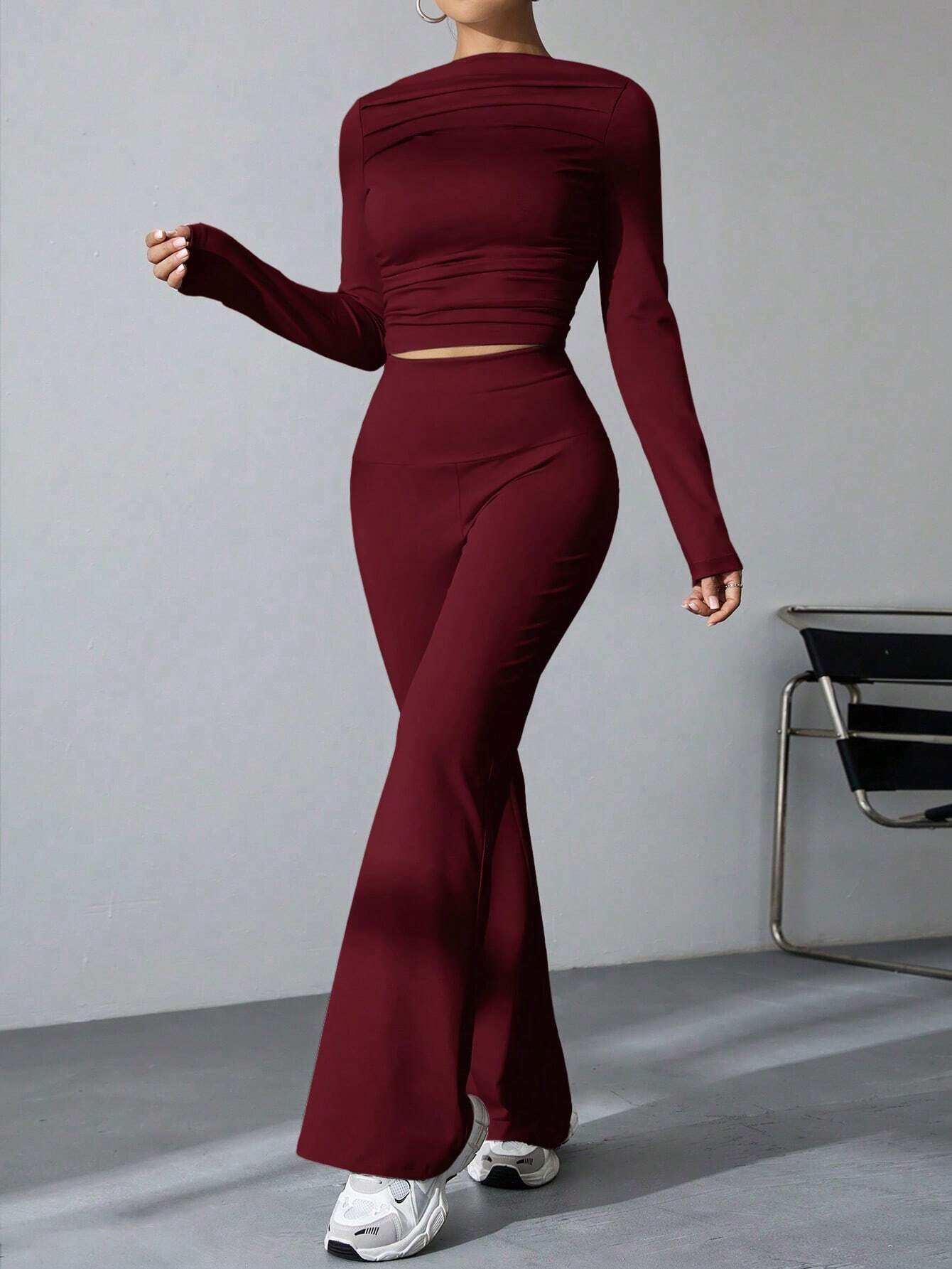 Long Sleeve Solid Color T-Shirt And Flared Pants 2pcs Set shein