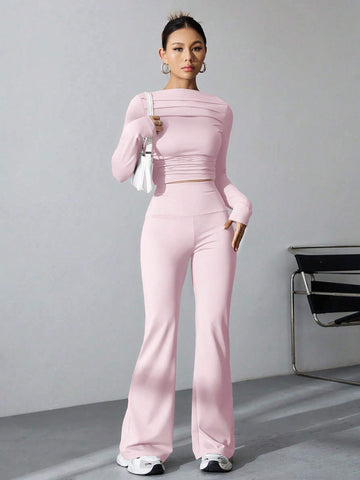 Long Sleeve Solid Color T-Shirt And Flared Pants 2pcs Set shein
