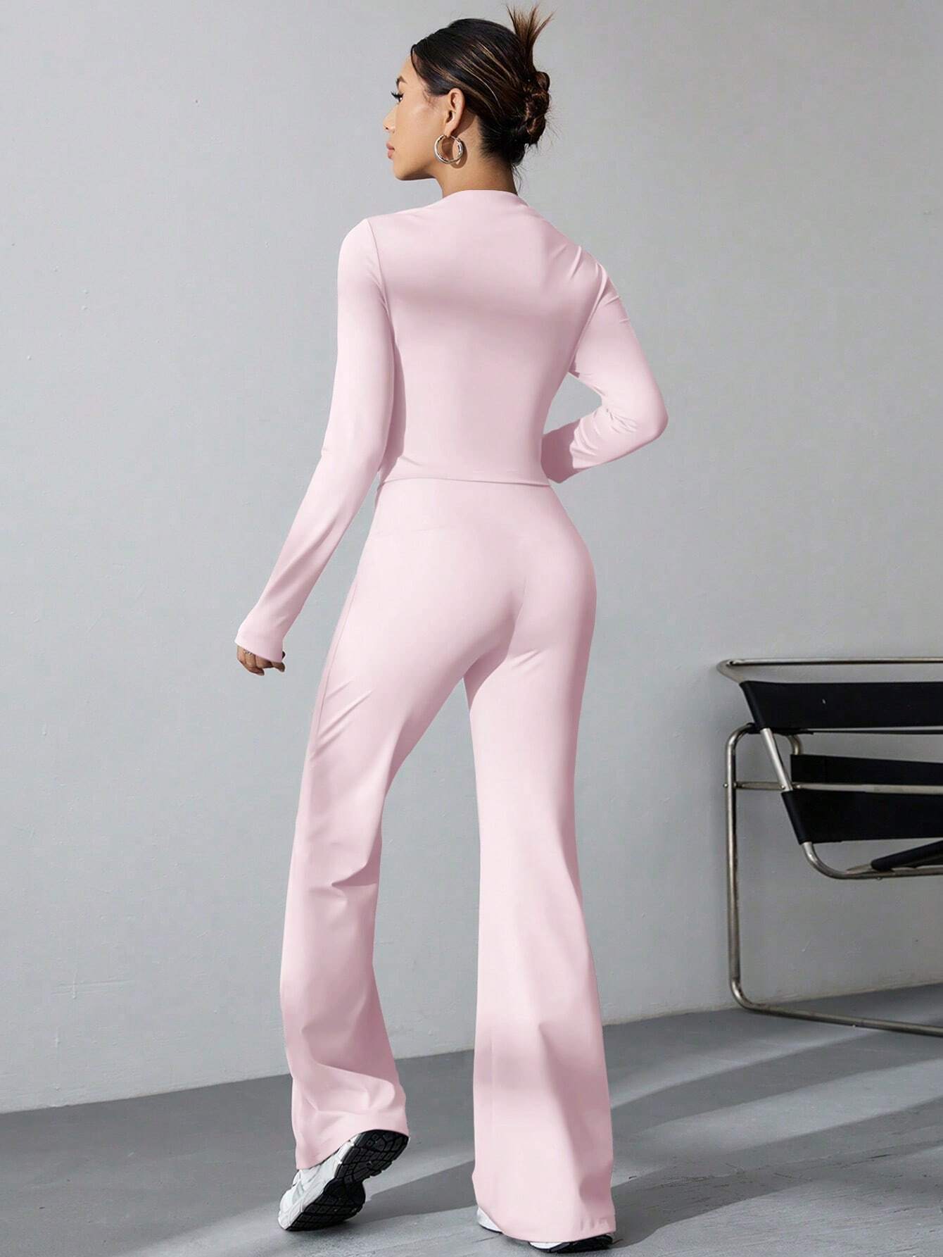 Long Sleeve Solid Color T-Shirt And Flared Pants 2pcs Set shein