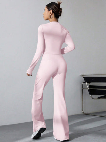 Long Sleeve Solid Color T-Shirt And Flared Pants 2pcs Set shein