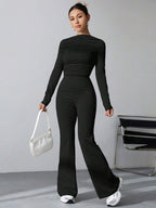 Long Sleeve Solid Color T-Shirt And Flared Pants 2pcs Set shein