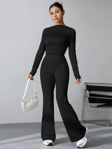 Long Sleeve Solid Color T-Shirt And Flared Pants 2pcs Set shein