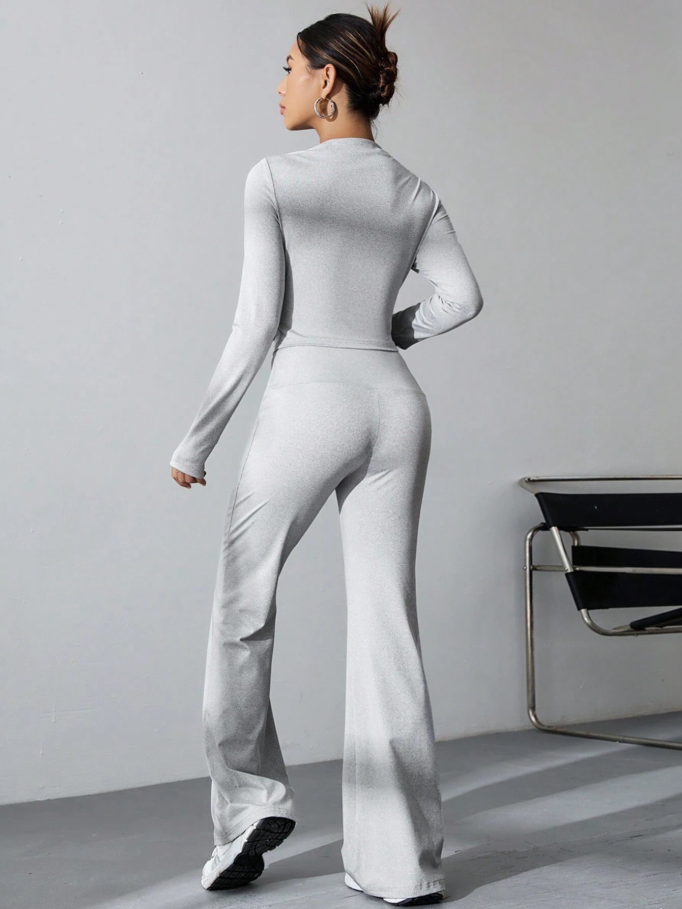 Long Sleeve Solid Color T-Shirt And Flared Pants 2pcs Set shein