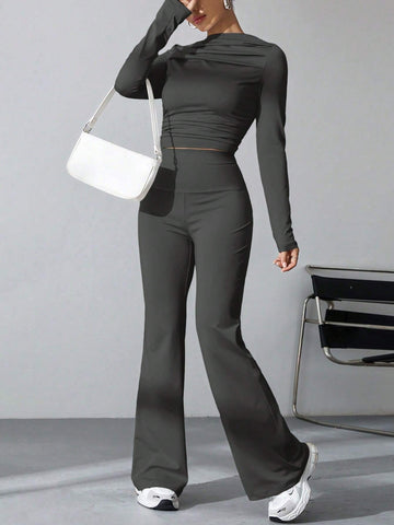 Long Sleeve Solid Color T-Shirt And Flared Pants 2pcs Set shein