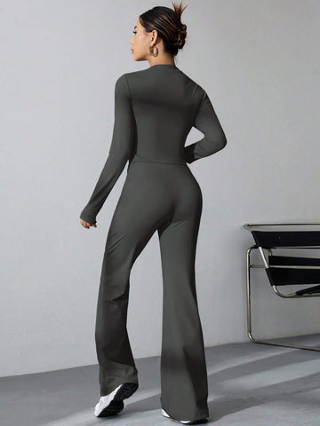 Long Sleeve Solid Color T-Shirt And Flared Pants 2pcs Set shein