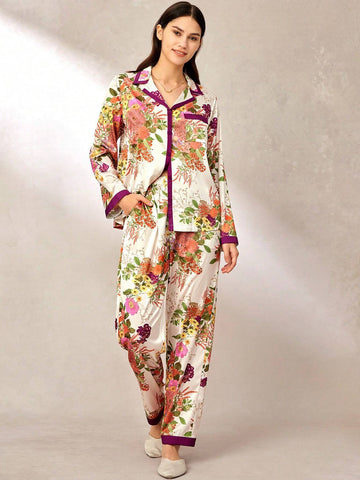 Luvlette Satin Floral Print Long Pajama Set shein