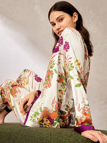 Luvlette Satin Floral Print Long Pajama Set shein