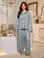 Women's Bubble Crinkle Floral Print Long Sleeve Pajama Set