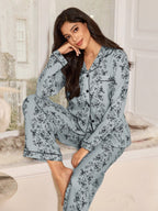 Women's Bubble Crinkle Floral Print Long Sleeve Pajama Set