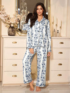 Women's Bubble Crinkle Floral Print Long Sleeve Pajama Set