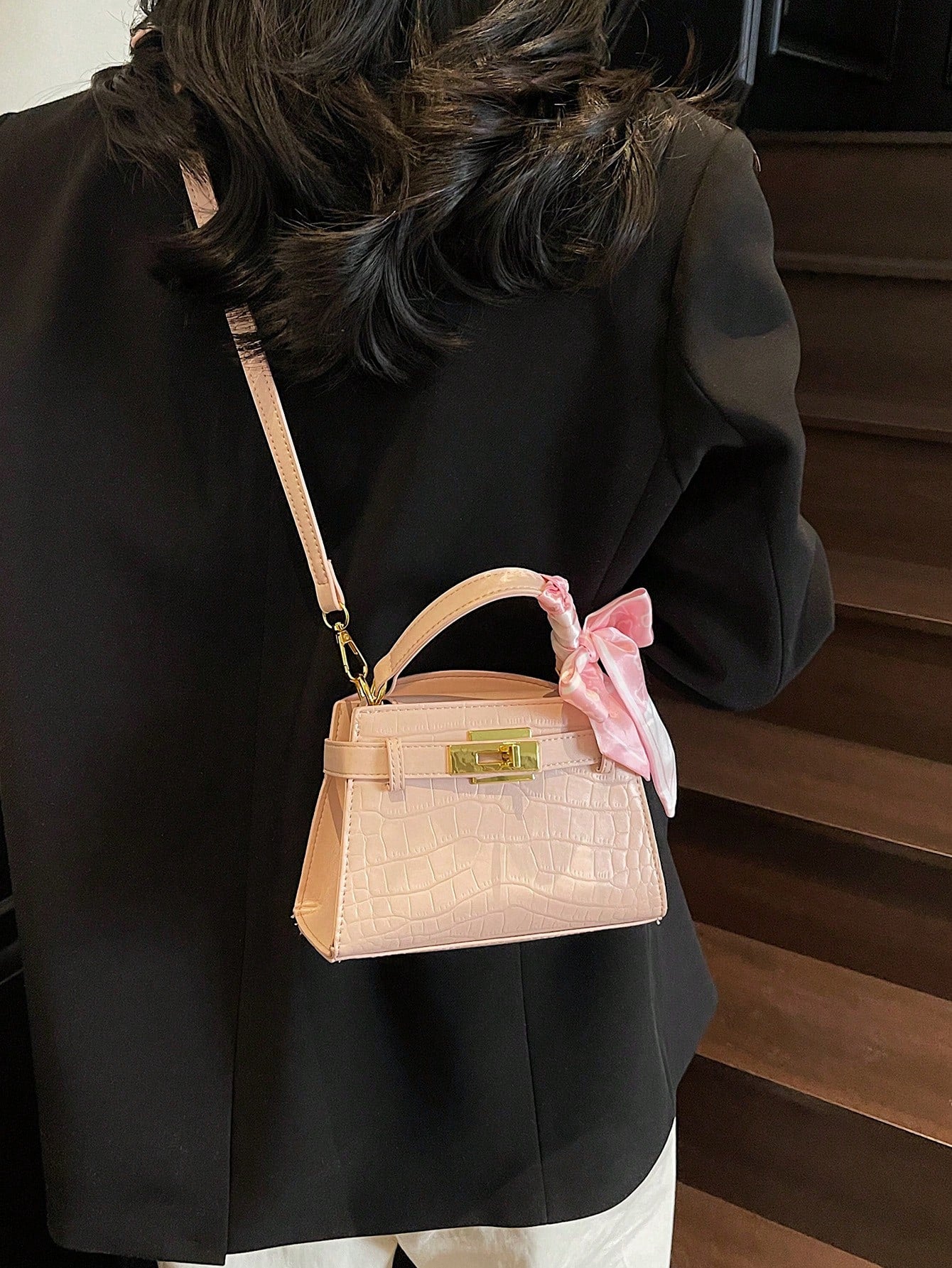 Fashionable High-End Litchi Grain Women's Handbag shein