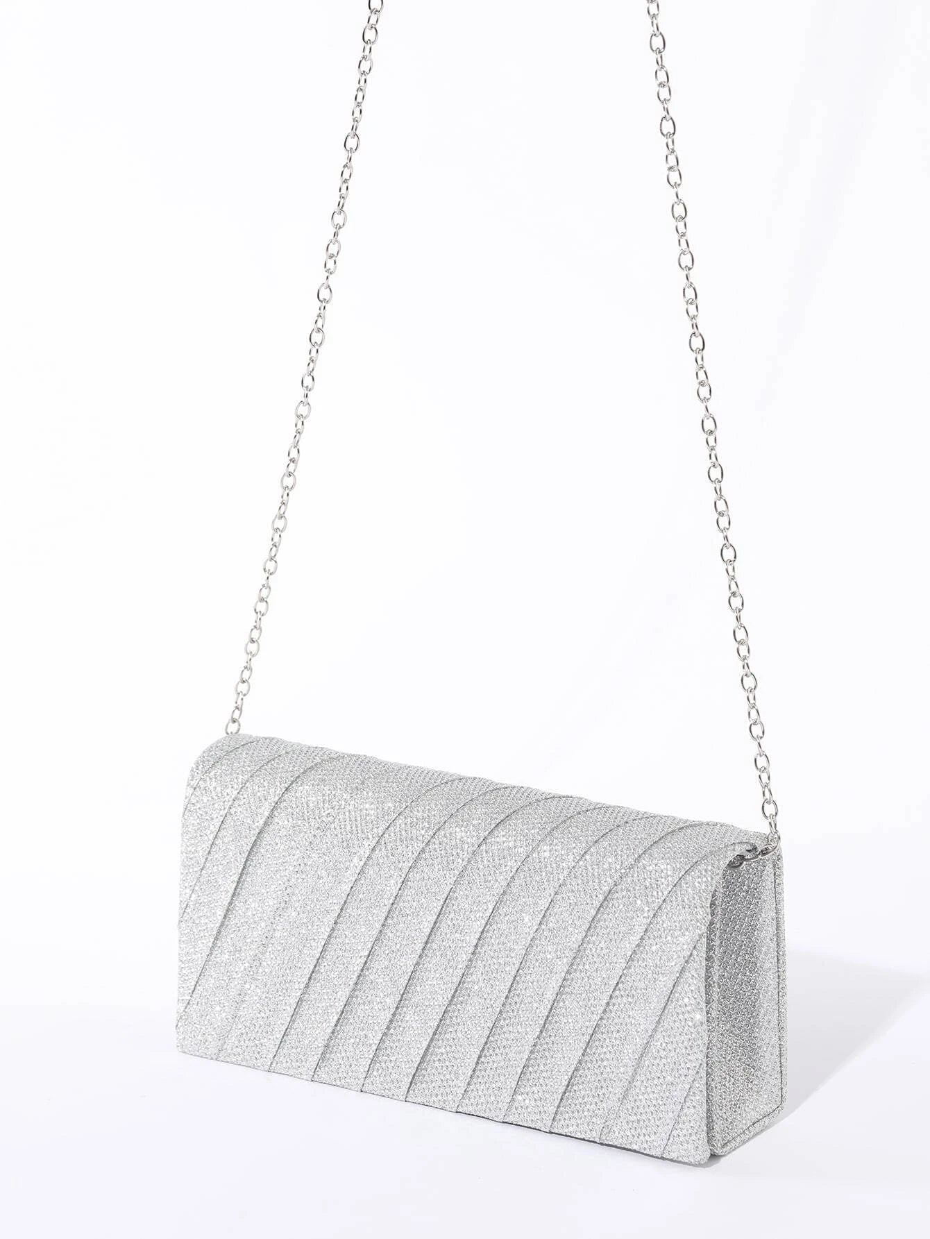 Luxury, Shiny Mini Neon Ruched Panel Flap Chain Glitter Square Bag shein