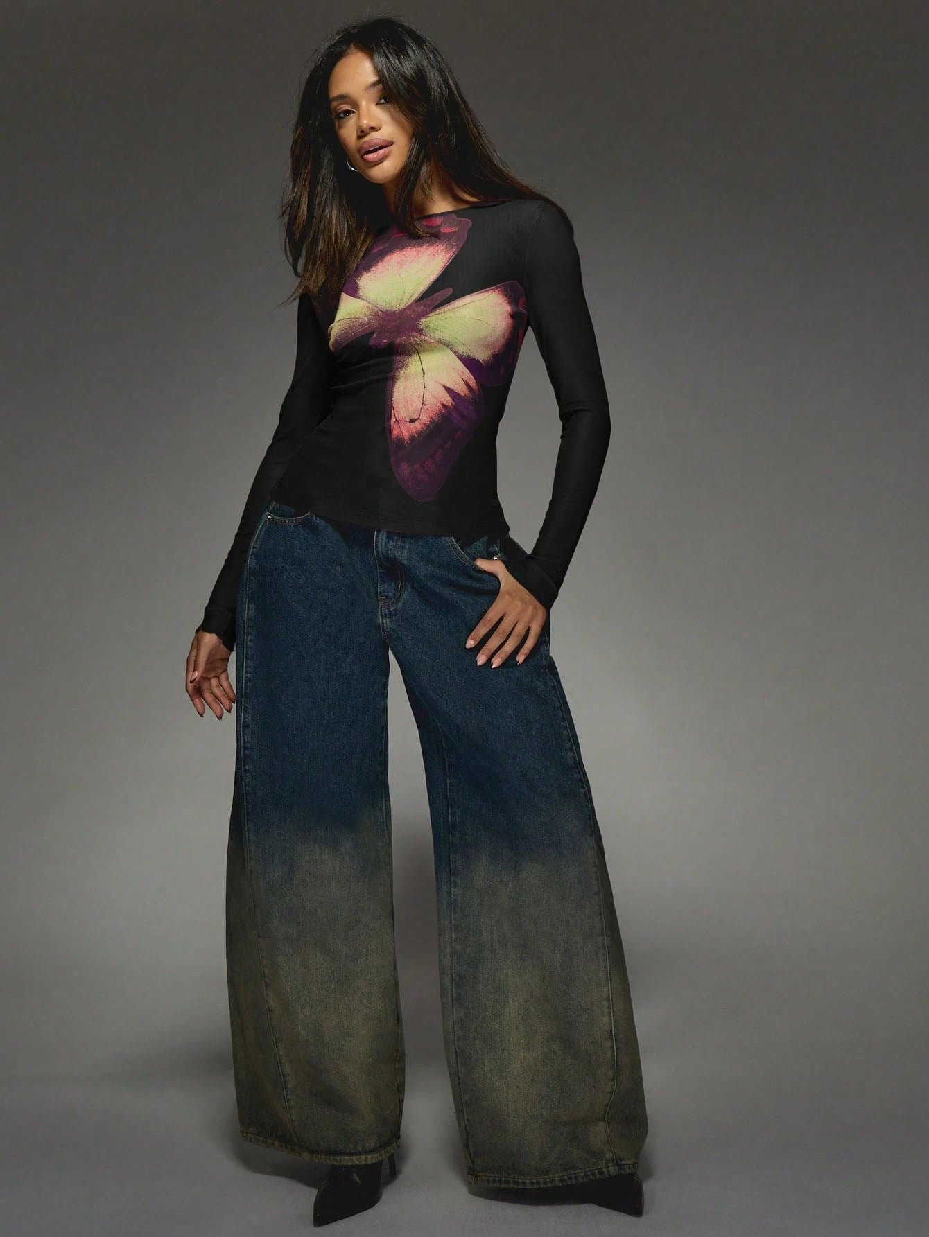 MISSGUIDED Butterfly Print Long Sleeve Mesh Top shein