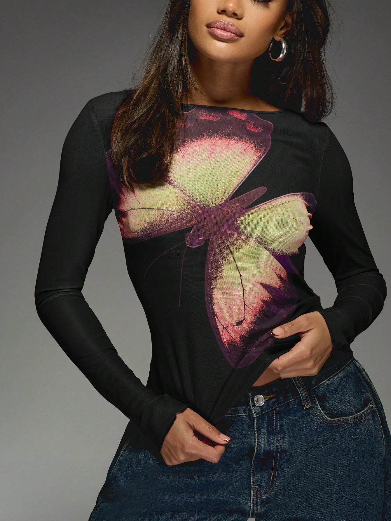MISSGUIDED Butterfly Print Long Sleeve Mesh Top shein