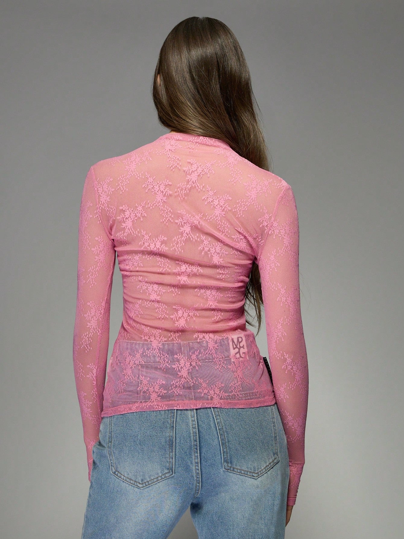 MISSGUIDED Sheer Floral Lace Mock Neck Long Sleeve Top shein