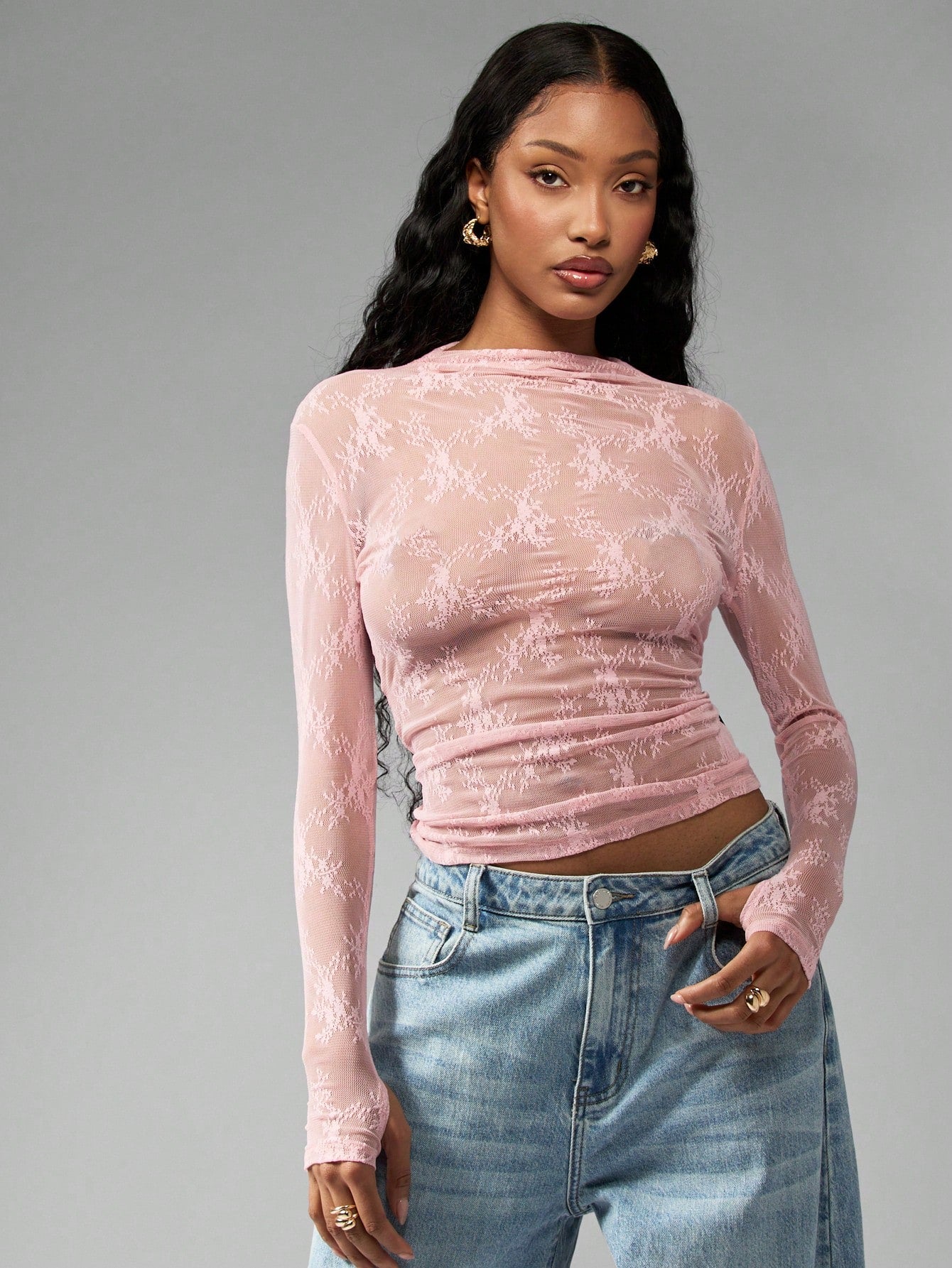 MISSGUIDED Sheer Floral Lace Mock Neck Long Sleeve Top shein