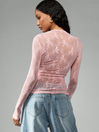 MISSGUIDED Sheer Floral Lace Mock Neck Long Sleeve Top shein