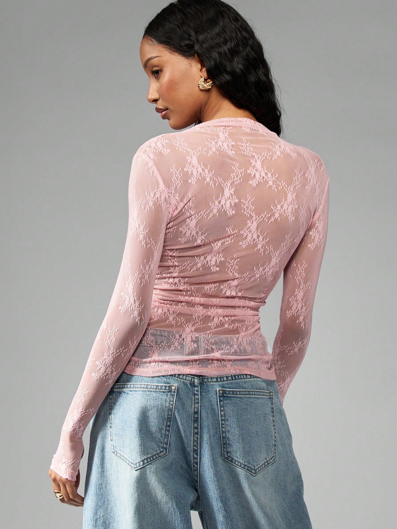 MISSGUIDED Sheer Floral Lace Mock Neck Long Sleeve Top shein