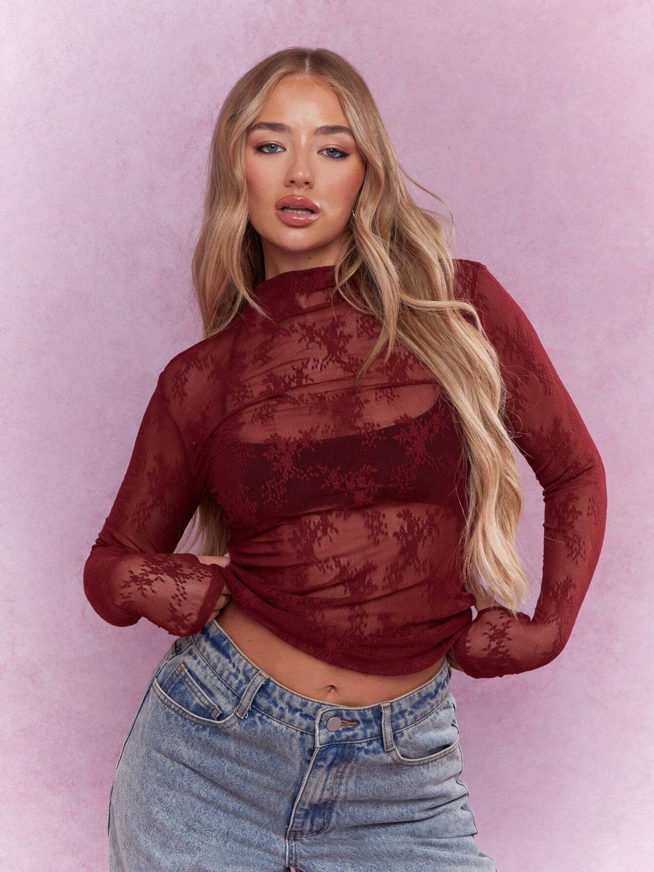 MISSGUIDED Sheer Floral Lace Mock Neck Long Sleeve Top shein