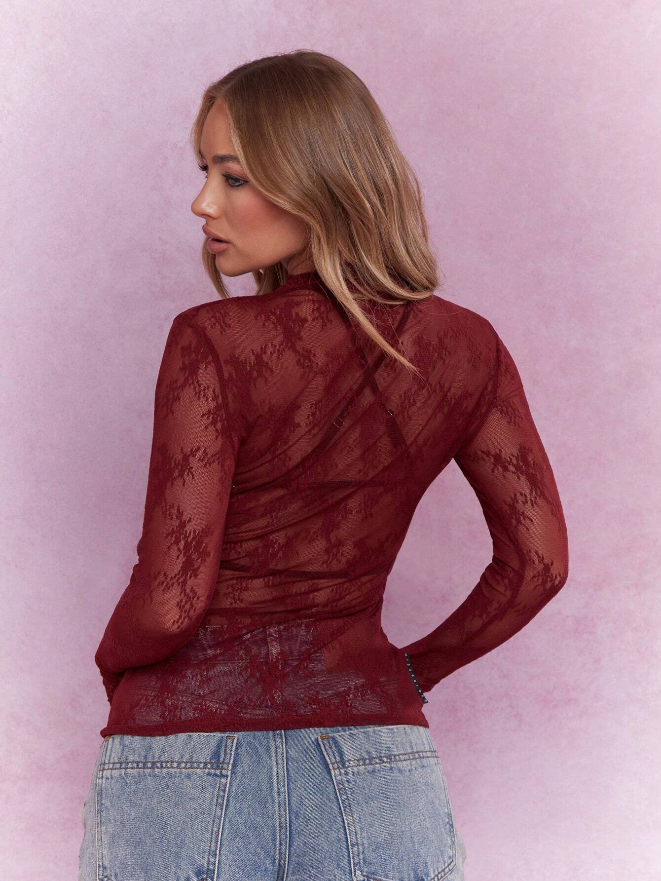 MISSGUIDED Sheer Floral Lace Mock Neck Long Sleeve Top shein