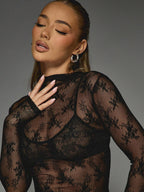 MISSGUIDED Sheer Floral Lace Mock Neck Long Sleeve Top shein