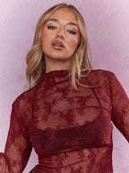 MISSGUIDED Sheer Floral Lace Mock Neck Long Sleeve Top shein