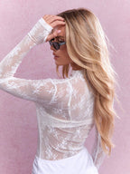 MISSGUIDED Sheer Floral Lace Mock Neck Long Sleeve Top shein