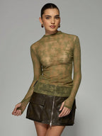 MISSGUIDED Sheer Floral Lace Mock Neck Long Sleeve Top shein