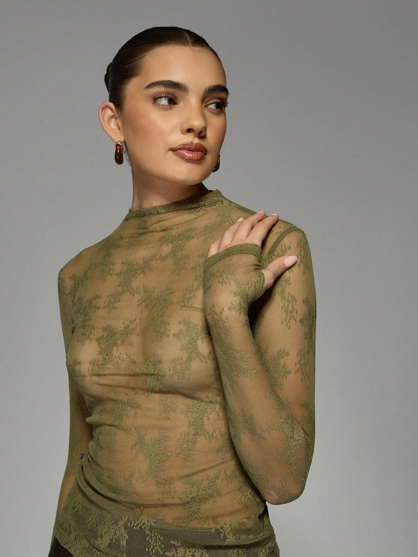 MISSGUIDED Sheer Floral Lace Mock Neck Long Sleeve Top shein