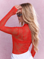 MISSGUIDED Sheer Floral Lace Mock Neck Long Sleeve Top shein