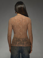 MISSGUIDED Sheer Floral Lace Mock Neck Long Sleeve Top shein