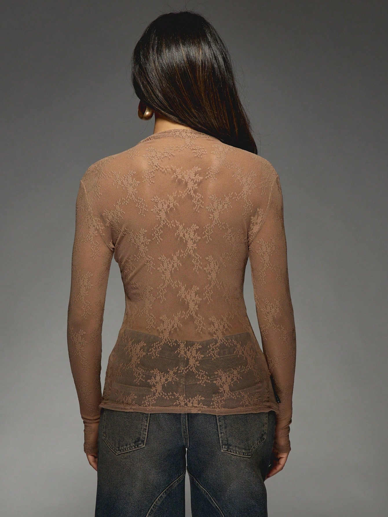 MISSGUIDED Sheer Floral Lace Mock Neck Long Sleeve Top shein