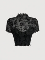 MOD Black Summer Date Night Floral Print Lettuce Trim Mesh Overlay Top shein