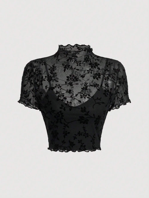 MOD Black Summer Date Night Floral Print Lettuce Trim Mesh Overlay Top shein