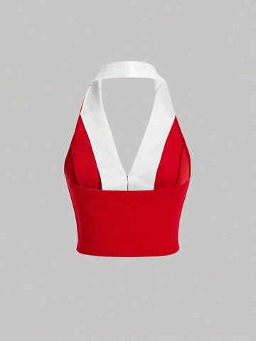 MOD Bow Front Button Detail Halter Top shein