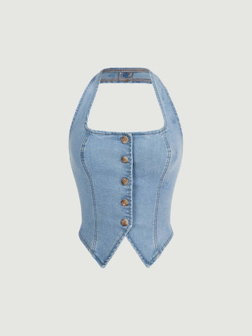 MOD Button Front Halter Neck Denim Top shein