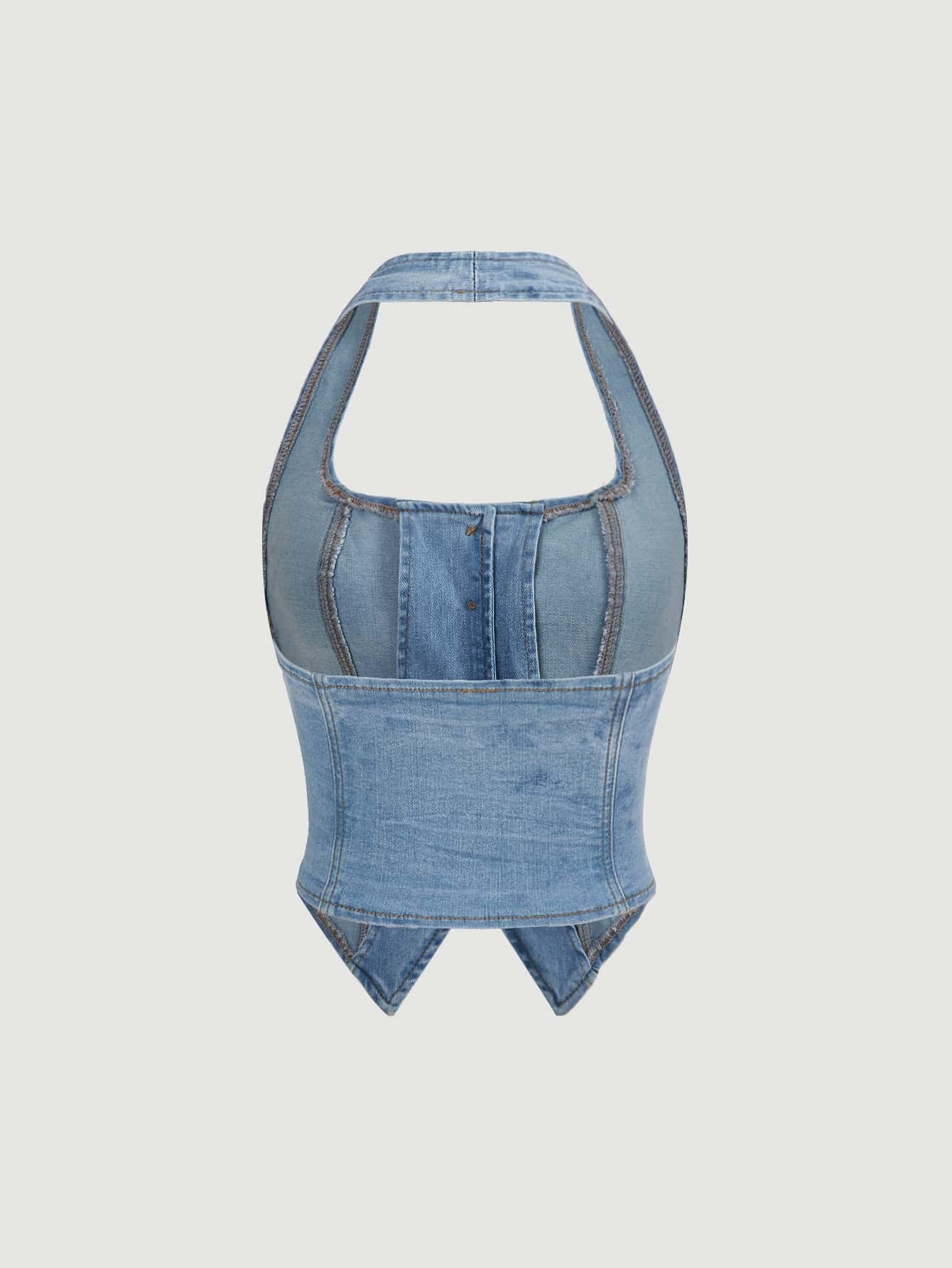 MOD Button Front Halter Neck Denim Top shein