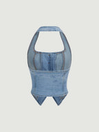 MOD Button Front Halter Neck Denim Top shein