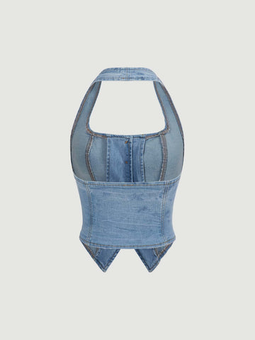 MOD Button Front Halter Neck Denim Top shein