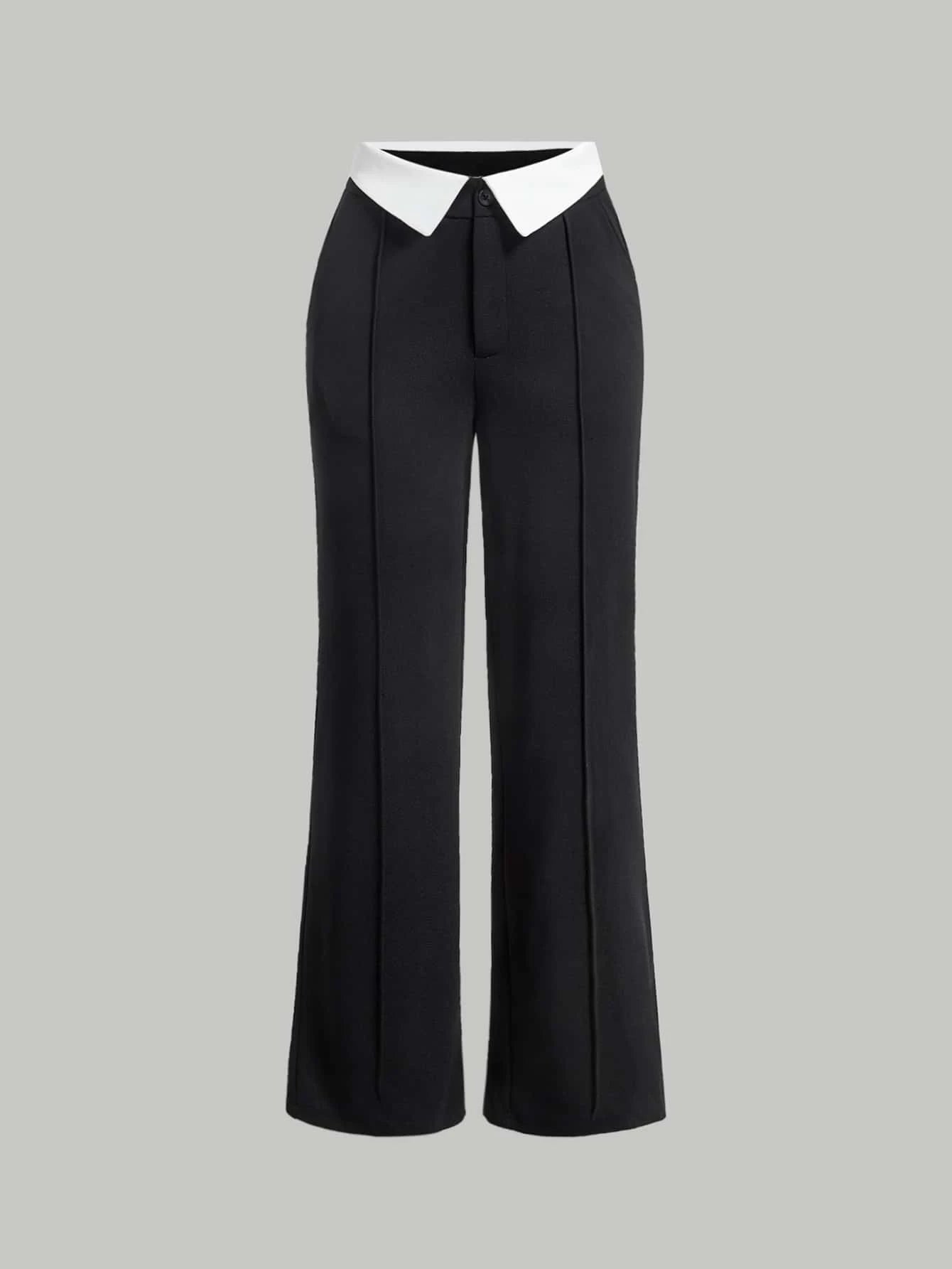 MOD Contrast Foldover Waist Straight Leg Pants shein