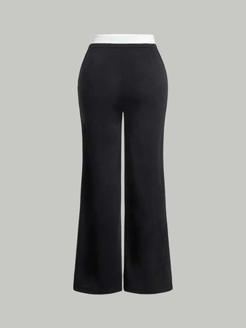 MOD Contrast Foldover Waist Straight Leg Pants shein