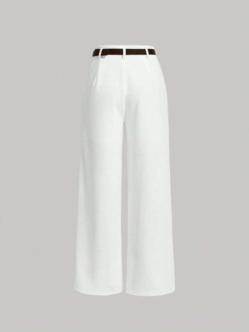 MOD High Waist Pleats At Waist Plicated Detail Straight Leg Belted Dress Pants shein