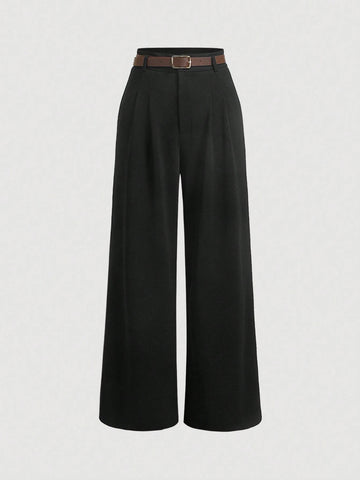 MOD High Waist Pleats At Waist Plicated Detail Straight Leg Belted Dress Pants shein