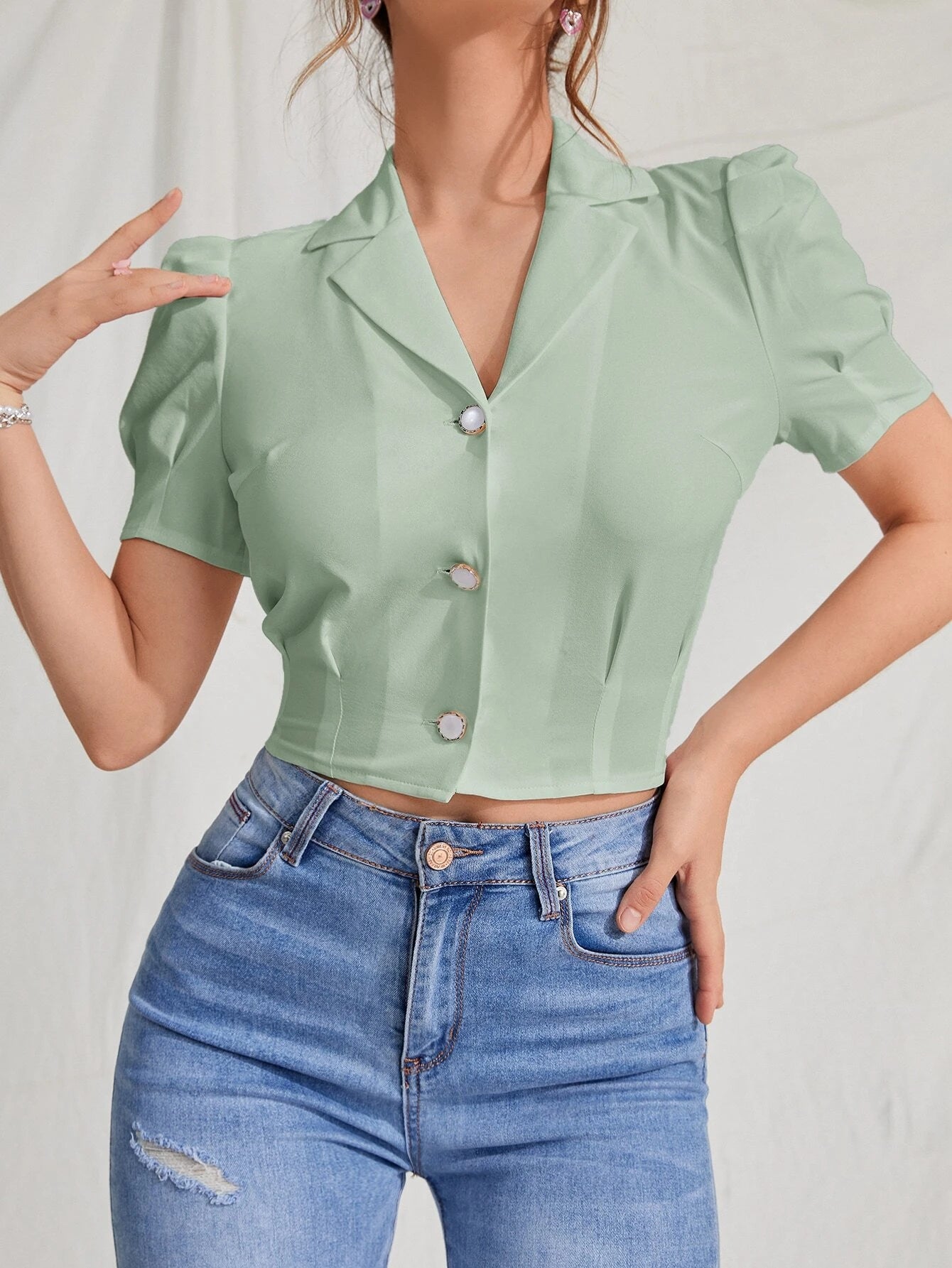 MOD Lapel Collar Puff Sleeve Button Up Blouse shein